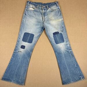 Vintage 70s Levi’s Bell Bottom Jeans Talon Orange Tab Patched Distressed 34x29